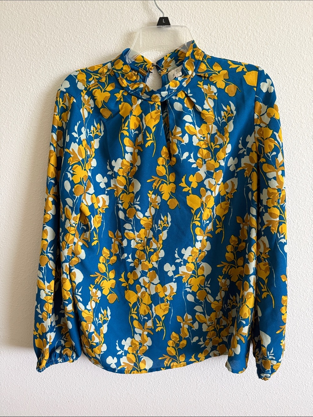 Tres Jolie Accessories Teal Floral Keyhole Blouse with Yellow & White Print
